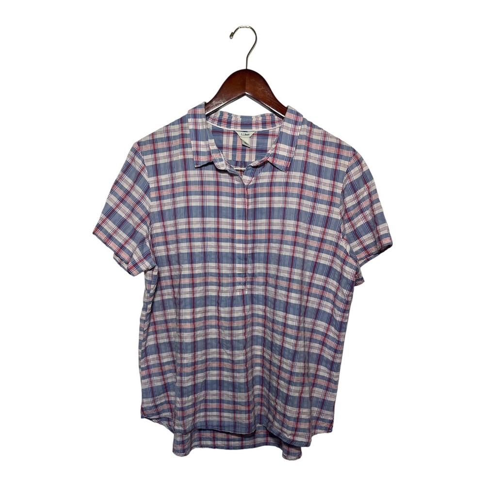 LL Bean Shirt Womens Large Blue‎ Red Plaid Seersucker Short Sleeve Henley